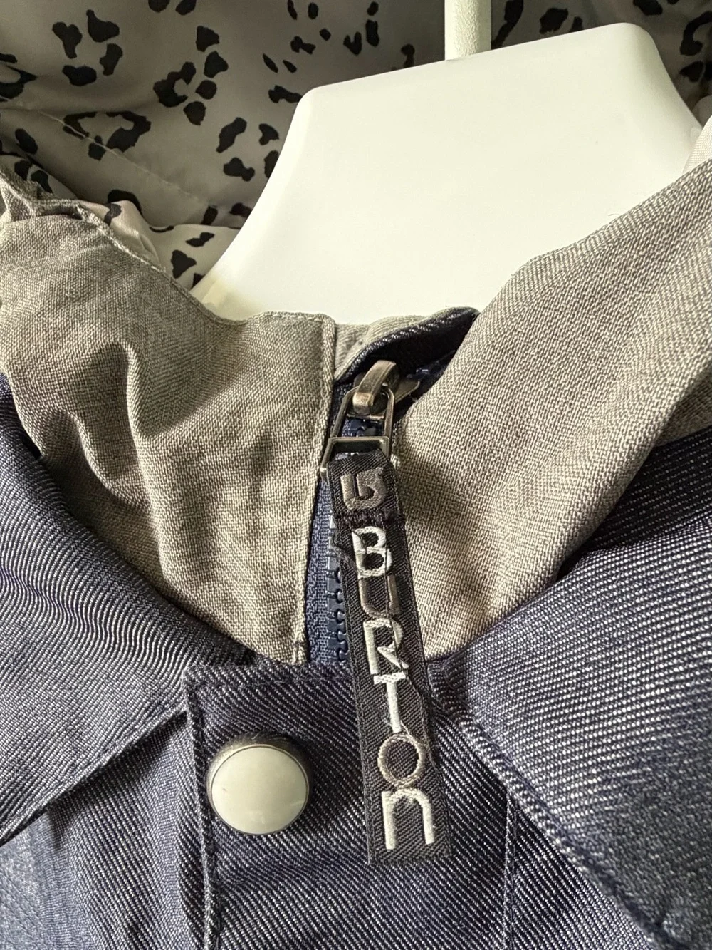 Burton Kids Dark Blue Jean-Style Snowboard Jacket with Leopard Hood Lining